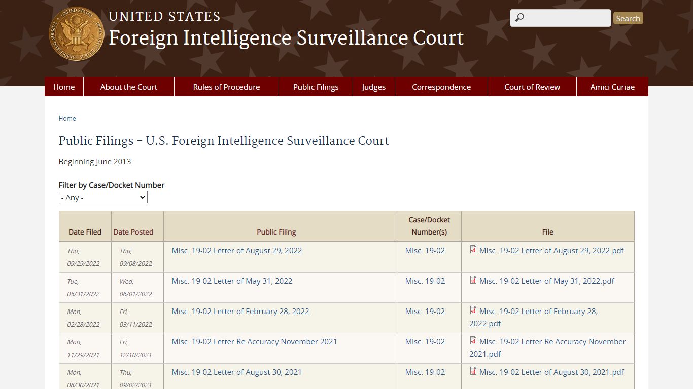 Public Filings - U.S. Foreign Intelligence Surveillance Court